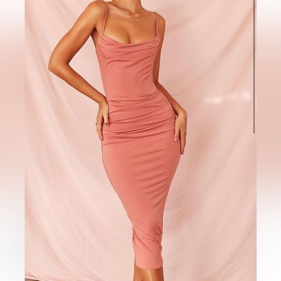 NWT HOUSE OF CB MARCIELLA ROSE DRAPED CORSET MIDI DRESS PINK - Picture 1 of 16